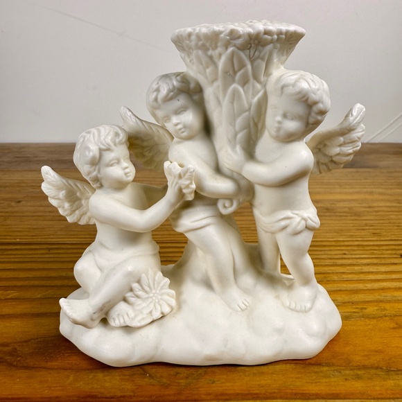 Vintage Cherub Trio Candle Holder | White Bisque Porcelain Angel Figurine - Picture 2 of 13